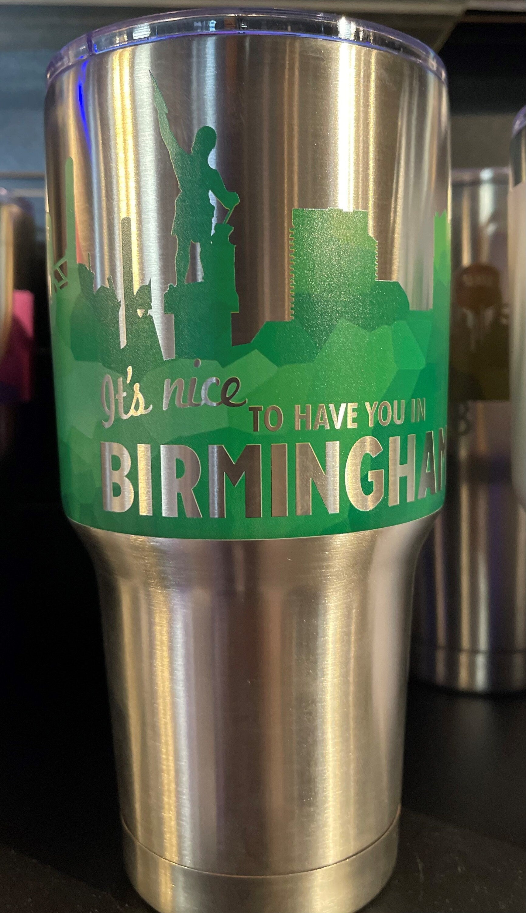 Nice to Have You in BHAM 30oz tumbler in silver with green font